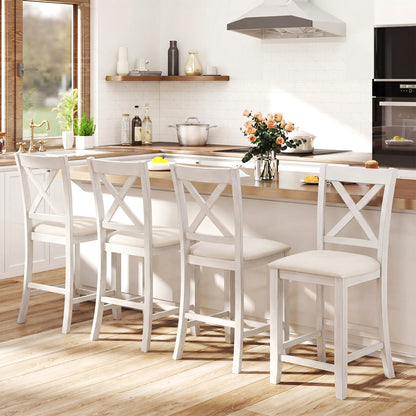 Set of 4 white modern farmhouse counter height bar stools with footrests, designed for kitchen and dining spaces.