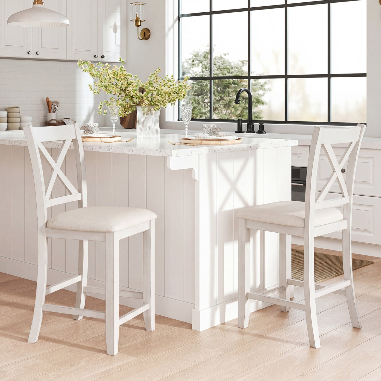 Set of 4 white modern farmhouse counter height bar stools with footrests, ideal for kitchen and dining areas.