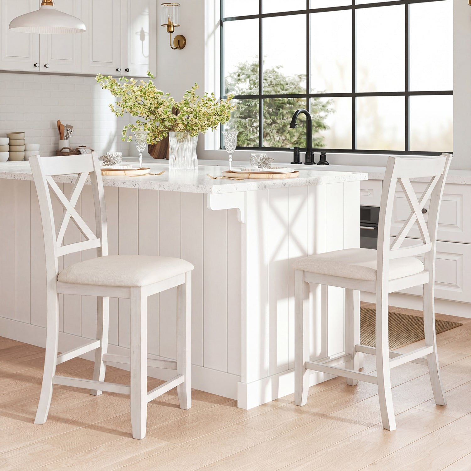 Set of 4 white modern farmhouse counter height bar stools with footrests, ideal for kitchen and dining areas.
