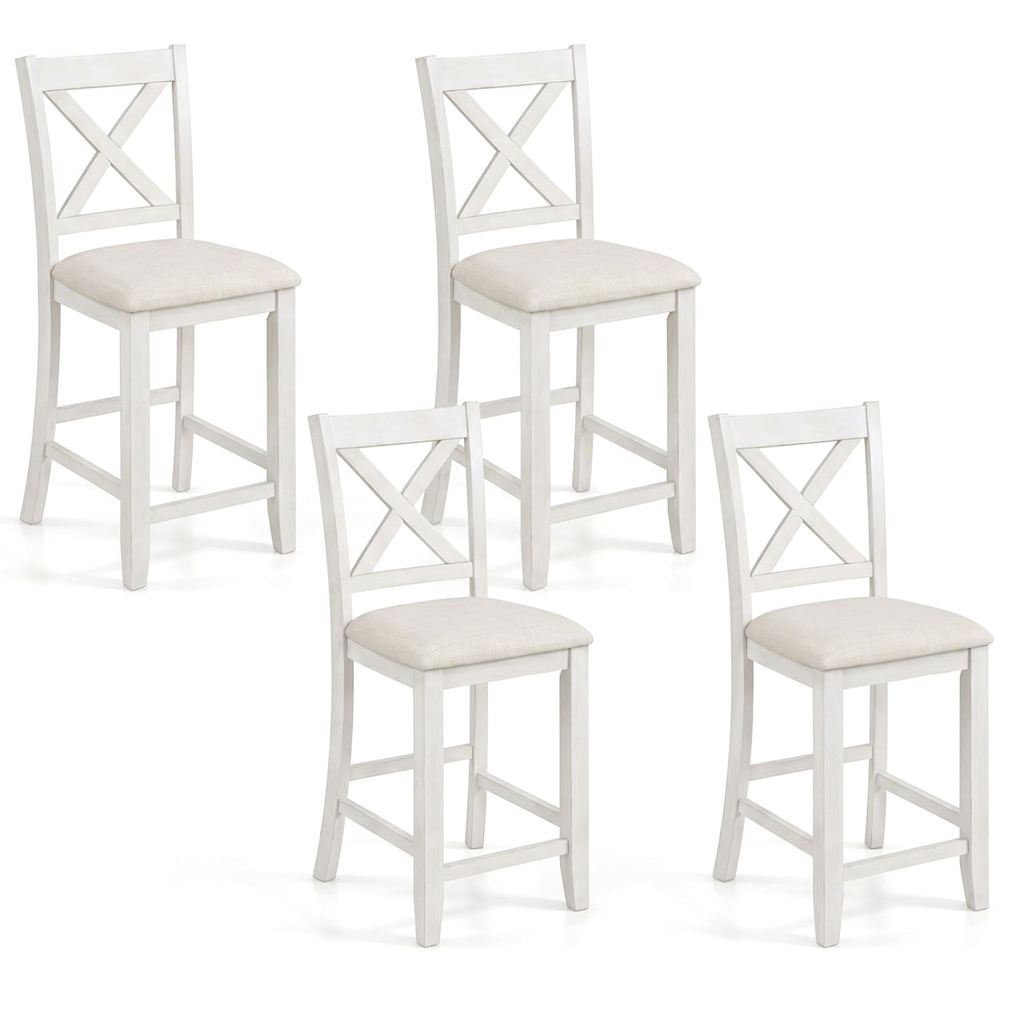 Set of 4 white modern farmhouse counter height bar stools with footrests, featuring sleek design and sturdy construction.