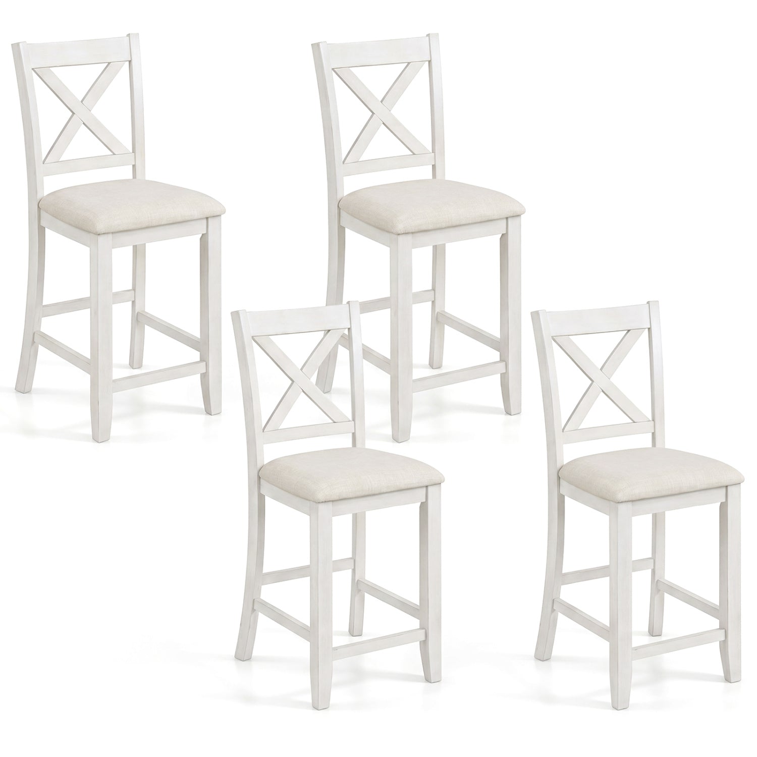 Set of 4 white modern farmhouse counter height bar stools with footrests, featuring sleek design and sturdy construction.