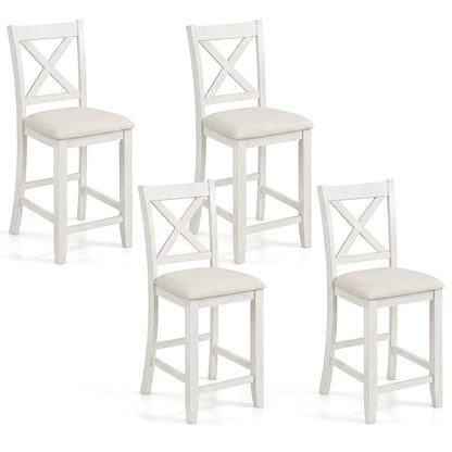 Set of 4 white modern farmhouse counter height bar stools with footrests, featuring sleek design and sturdy construction.