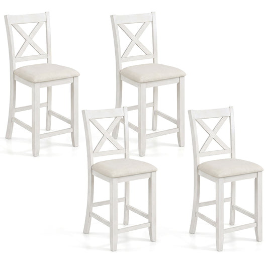 Set of 4 white modern farmhouse counter height bar stools with footrests, featuring sleek design and sturdy construction.