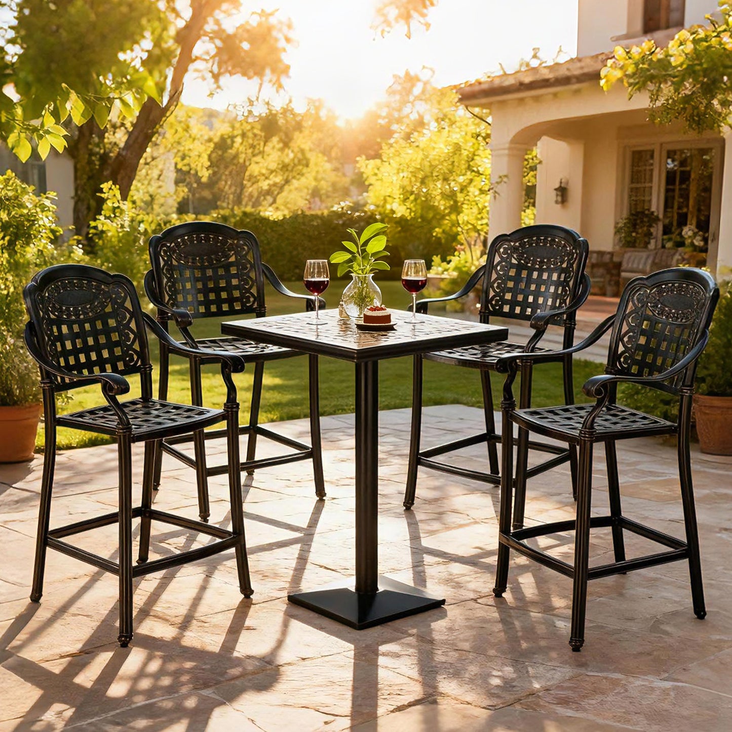 Set of 4 Outdoor Bar Stool 25.5 Inch Counter Height Cast Aluminum Bar Chairs-Copper