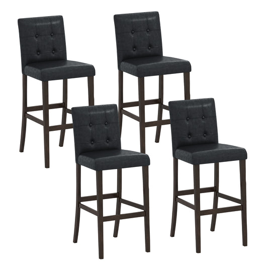 Set of 4 PVC Dining Leather Bar Stools with Solid Wood Legs-29 inch