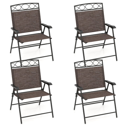 Set of 4 Patio Folding Chairs Set Dining Chairs with Armrests-Beige