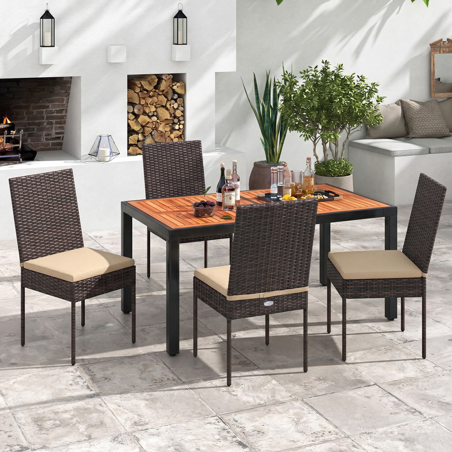 Set of 4 brown rattan wicker patio dining chairs with soft cushions for outdoor seating, arranged on a patio.
