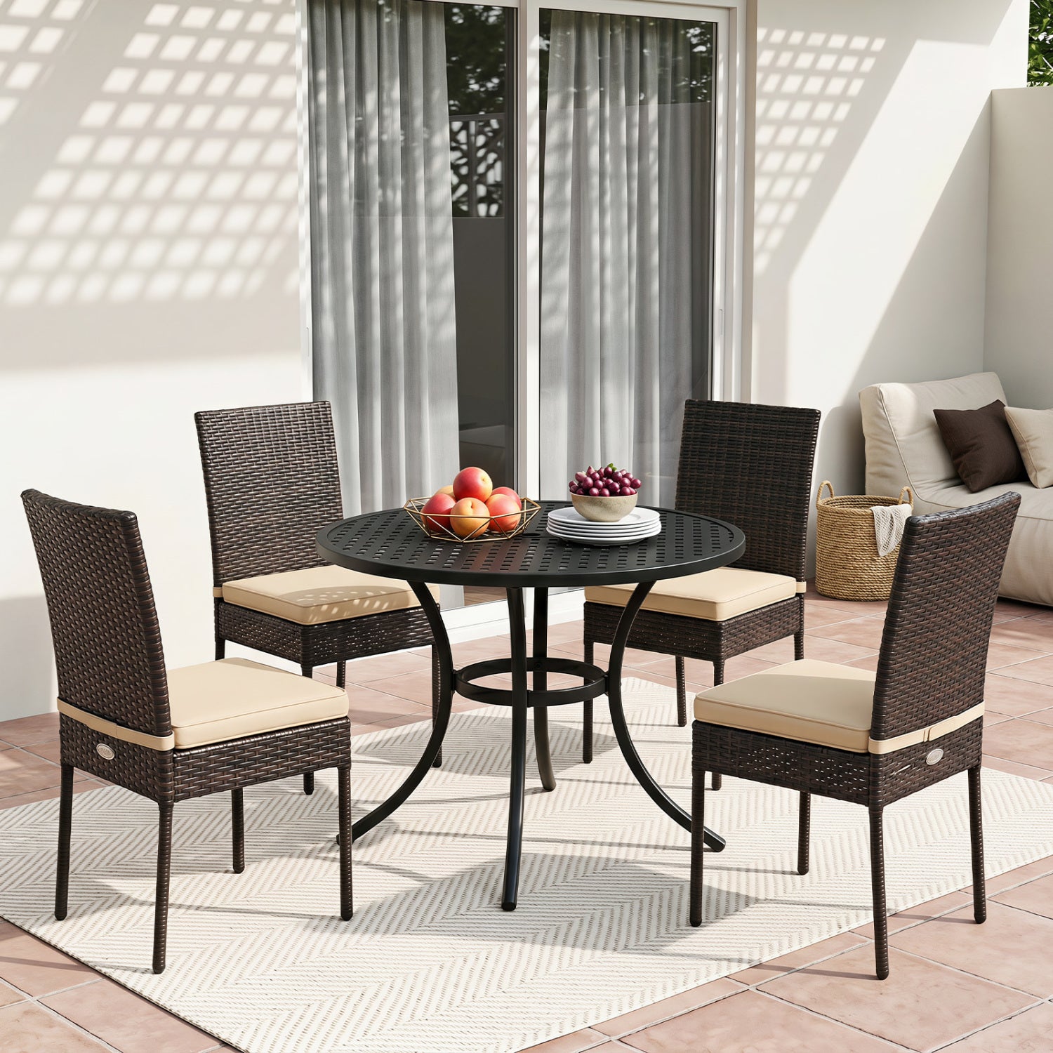 Set of 4 brown patio rattan wicker dining chairs with soft cushions for outdoor patio seating.