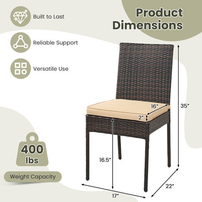 Set of 4 brown outdoor patio rattan wicker dining chairs with soft cushions for garden or patio seating.