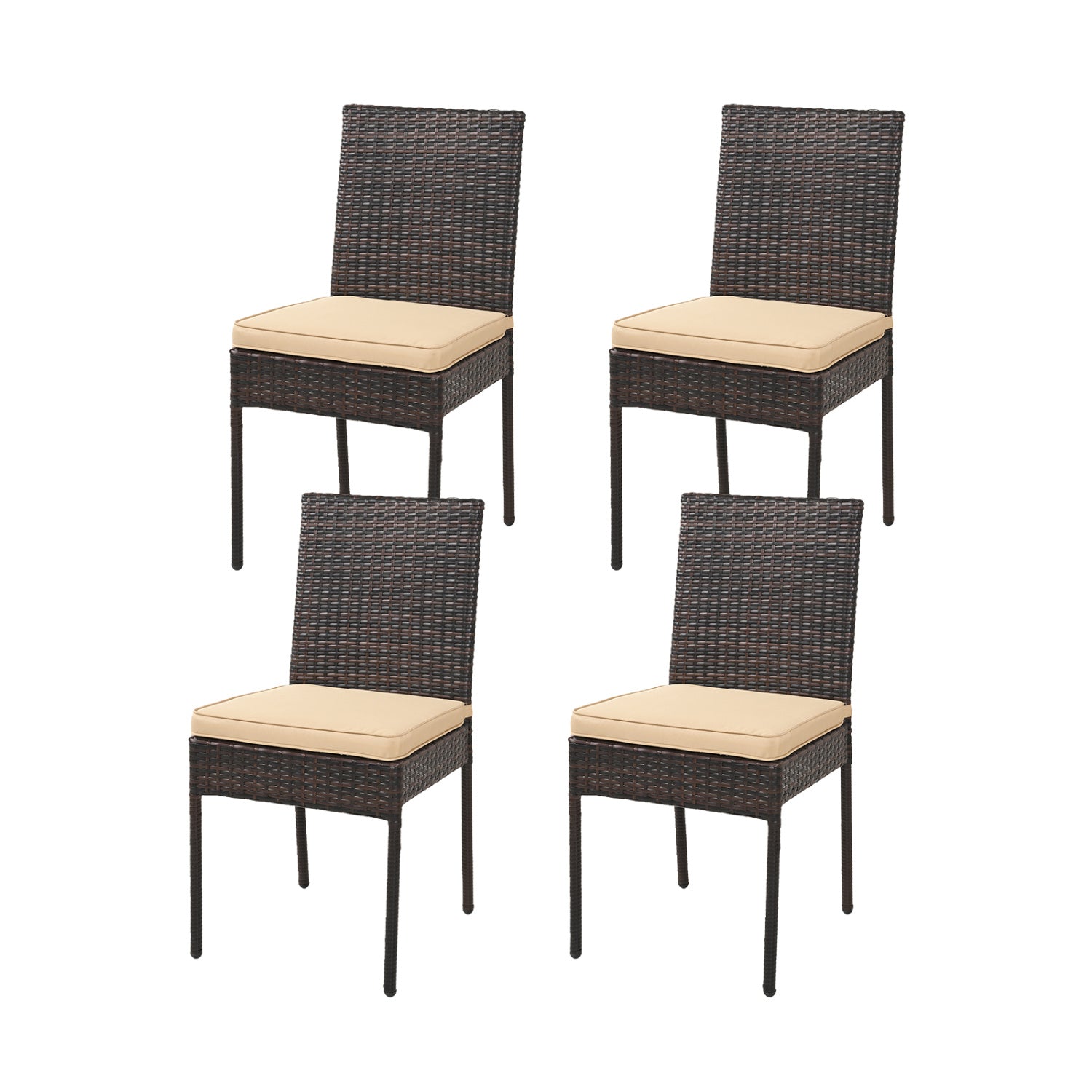 Set of four brown outdoor patio rattan wicker dining chairs with soft cushions, ideal for outdoor seating and patio dining.