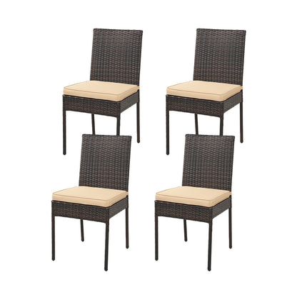 Set of four brown outdoor patio rattan wicker dining chairs with soft cushions, ideal for outdoor seating and patio dining.