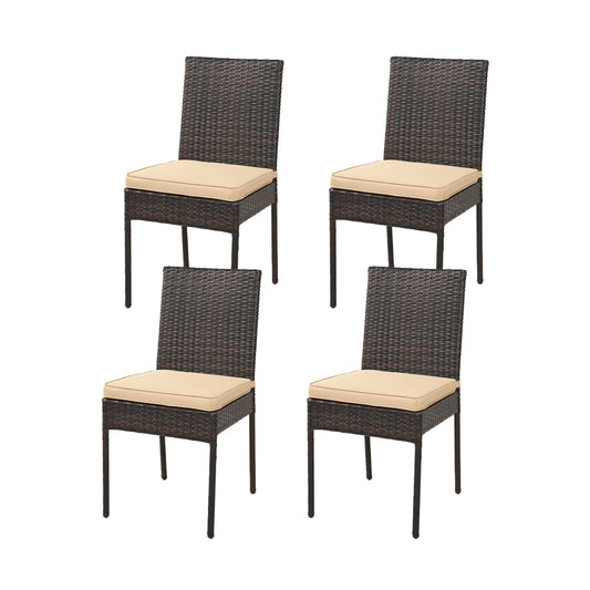 Set of four brown outdoor patio rattan wicker dining chairs with soft cushions, ideal for outdoor seating and patio dining.