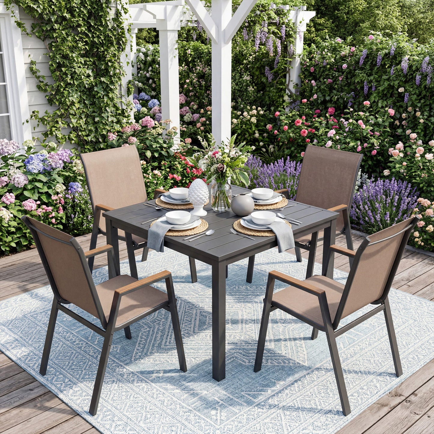 Set of 4 Stackable Patio Chairs with High Backs for Backyard 400 LBS-Black