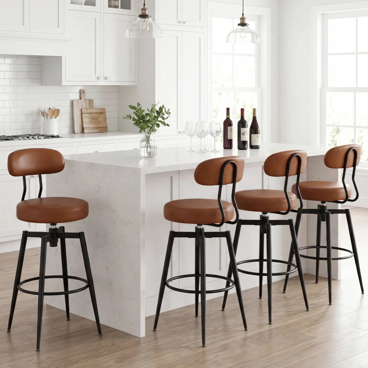 Set of 4 Swivel Barstools Faux Leather with Upholstered Seat and Back-Black