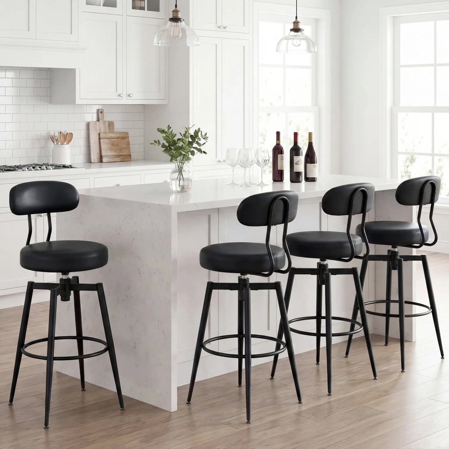 Set of 4 Swivel Barstools Faux Leather with Upholstered Seat and Back-Black