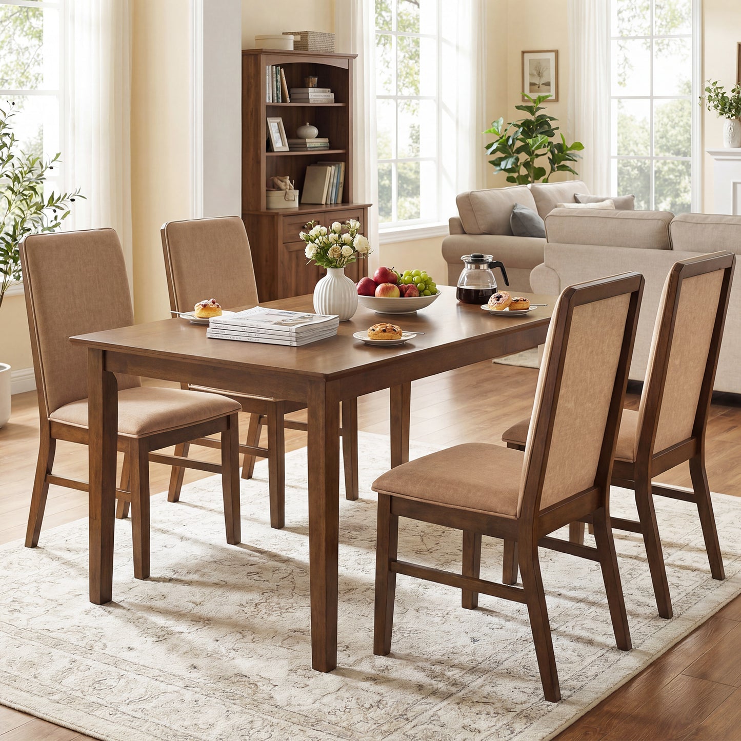 Set of 4 Upholstered Dining Chairs with Solid Rubber Wood Legs-Brown