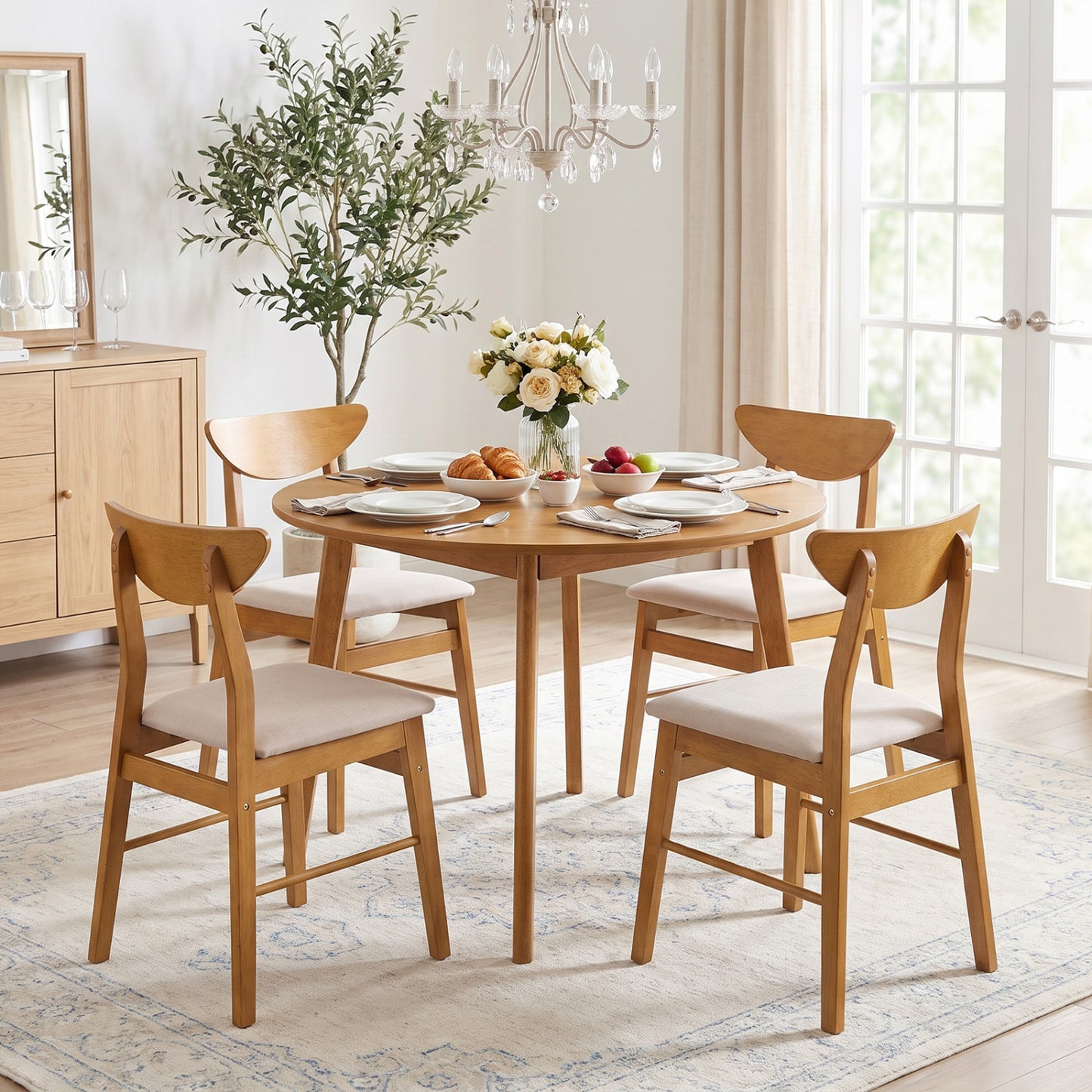 Set of 4 Upholstered Dining Chairs with Curved Backrest and Rubber Wood Frame-Natural