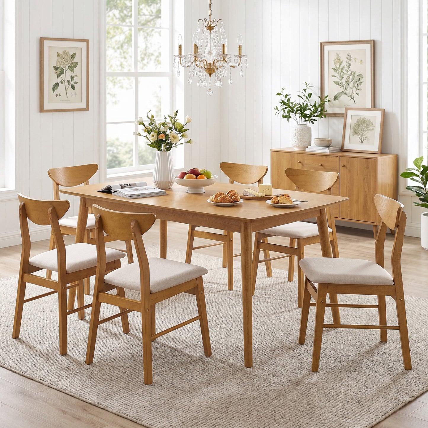 Set of 4 Upholstered Dining Chairs with Curved Backrest and Rubber Wood Frame-Natural