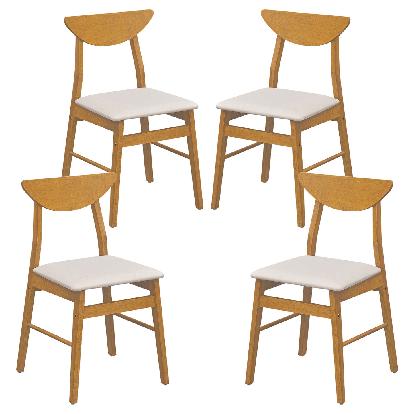Set of 4 Upholstered Dining Chairs with Curved Backrest and Rubber Wood Frame-Natural