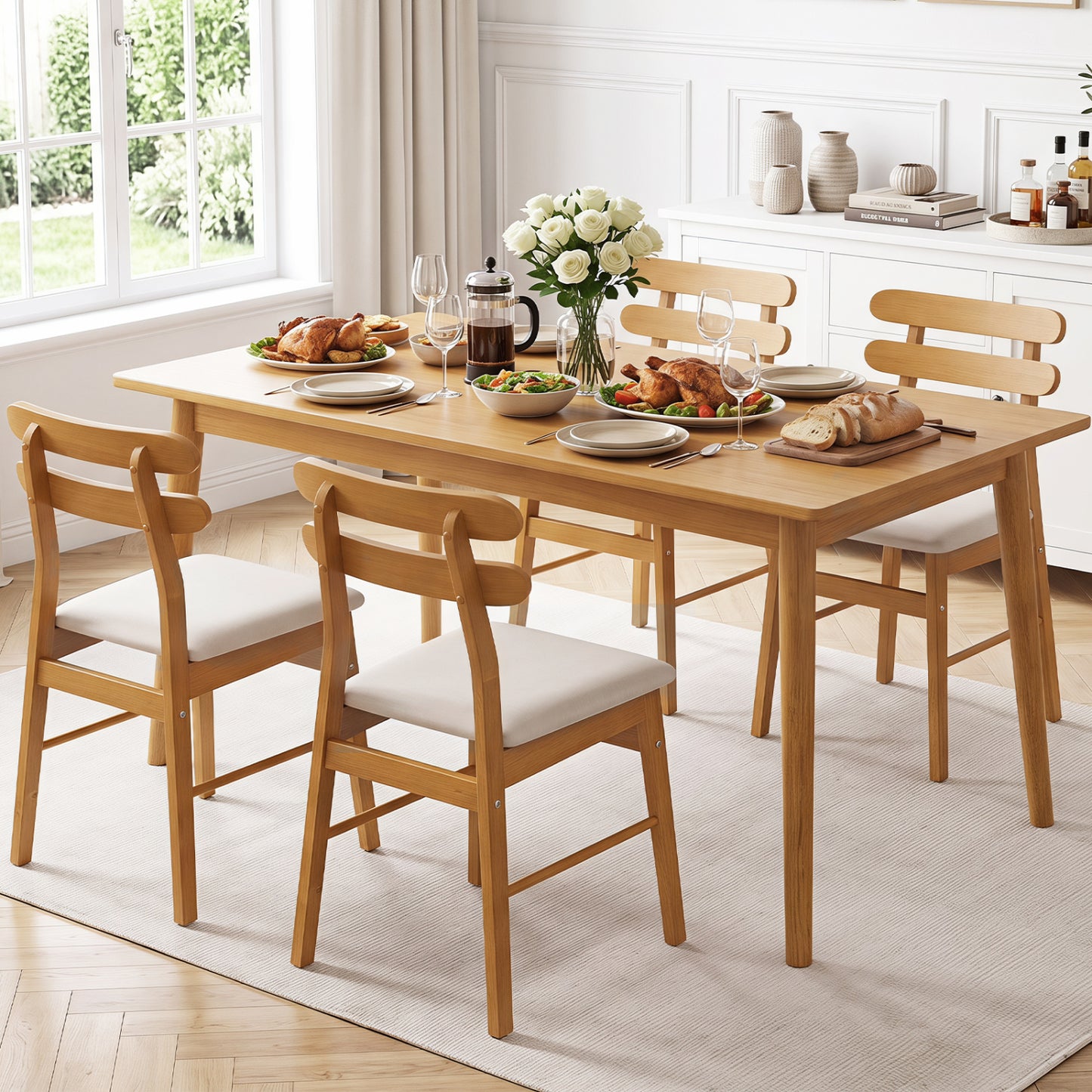 Set of 4 Upholstered Dining Chairs with Padded Seat and Solid Wood Legs-Natural
