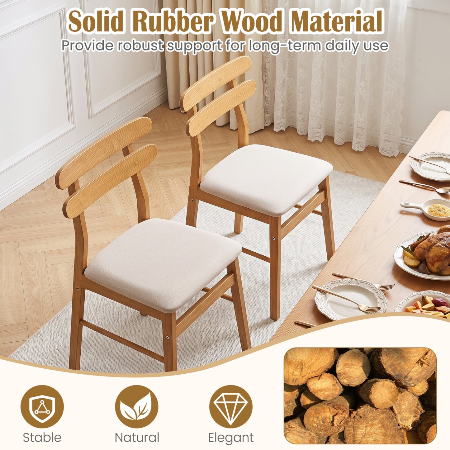 Set of 4 Upholstered Dining Chairs with Padded Seat and Solid Wood Legs-Natural