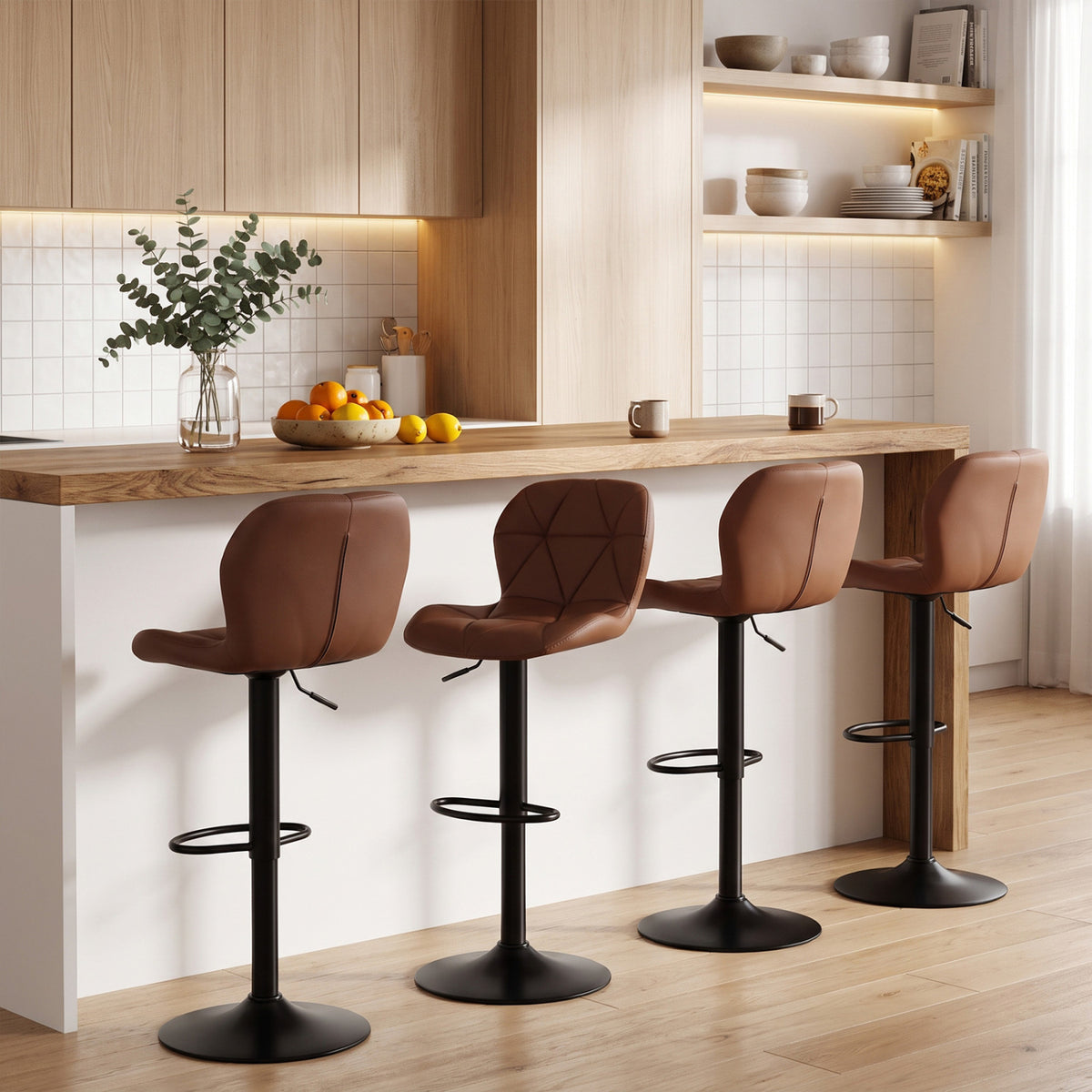 Set of 4 Upholstered Swivel Bar Stools with Adjustable Height and Curved Backs-Black