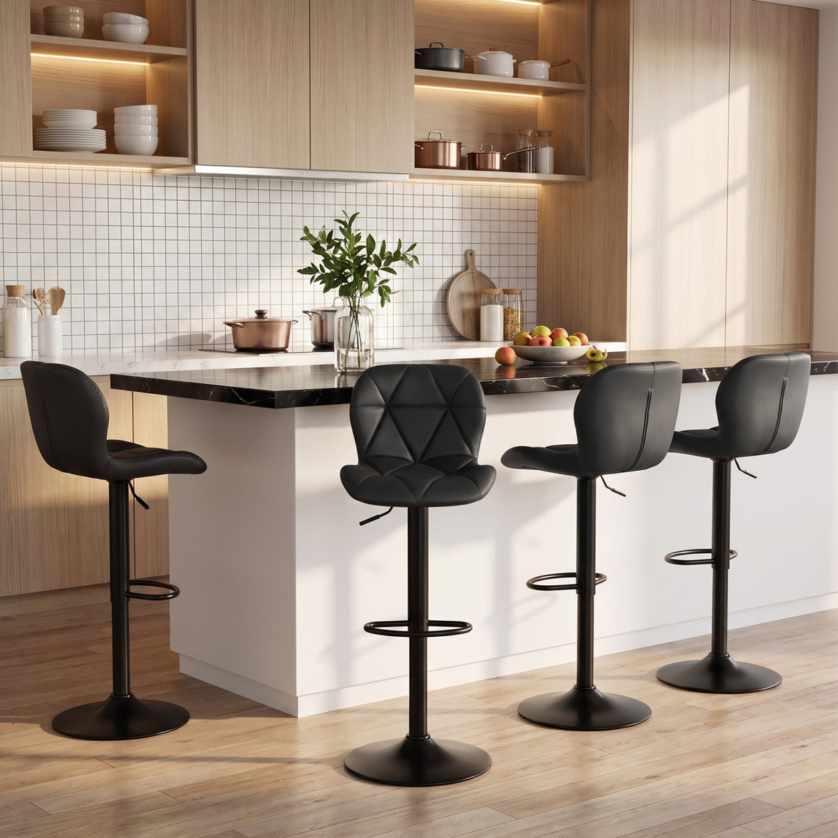 Set of 4 Upholstered Swivel Bar Stools with Adjustable Height and Curved Backs-Black