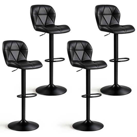 Set of 4 Upholstered Swivel Bar Stools with Adjustable Height and Curved Backs-Black