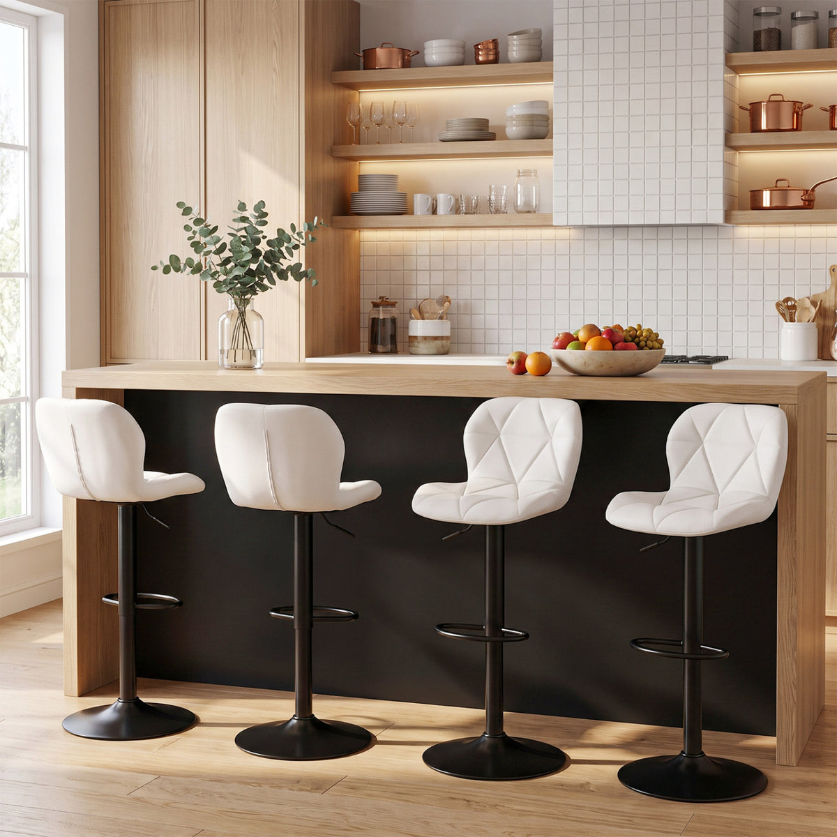 Set of 4 Upholstered Swivel Bar Stools with Adjustable Height and Curved Backs-Black