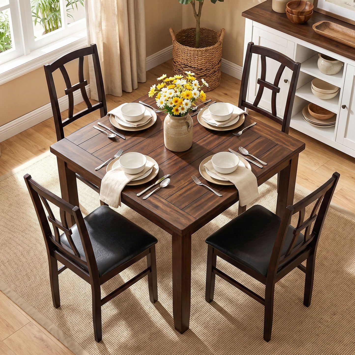 Set of 4 Wooden Dining Chairs with Faux Leather Padded Seat for Kitchen-Black