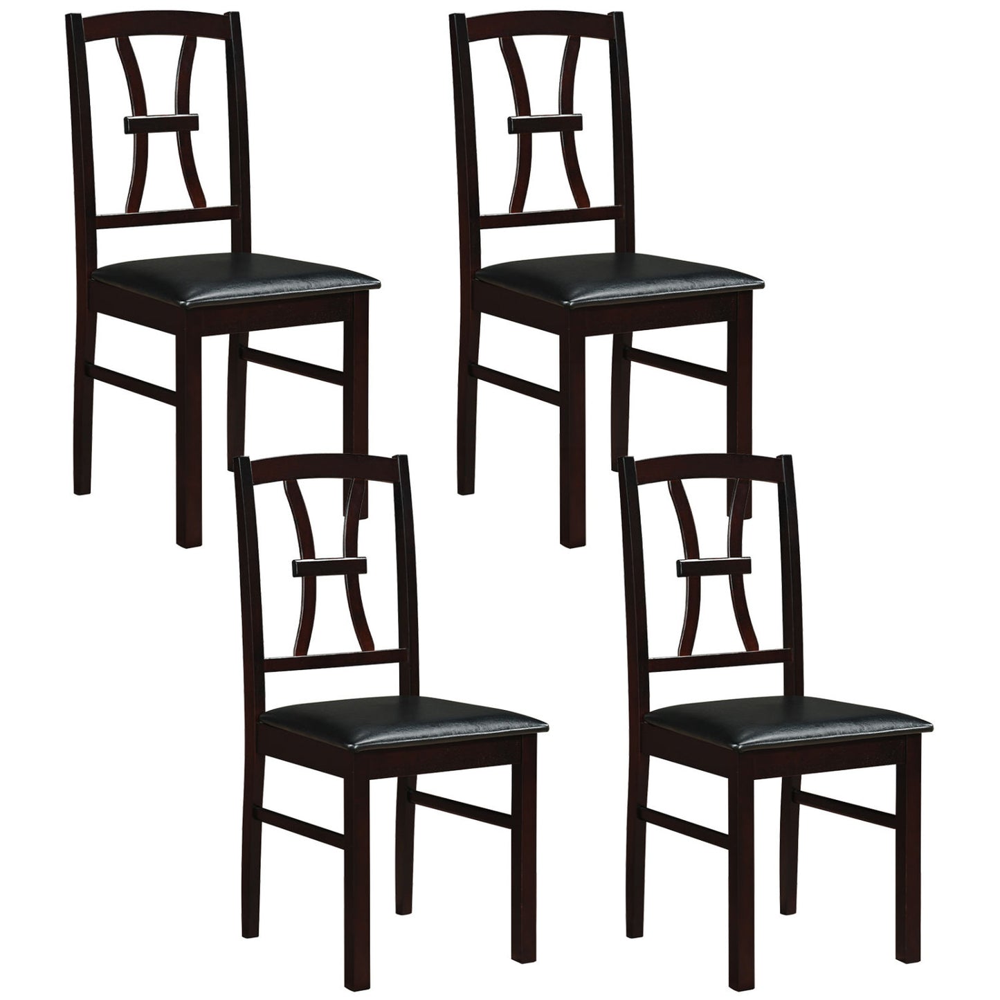 Set of 4 Wooden Dining Chairs with Faux Leather Padded Seat for Kitchen-Black