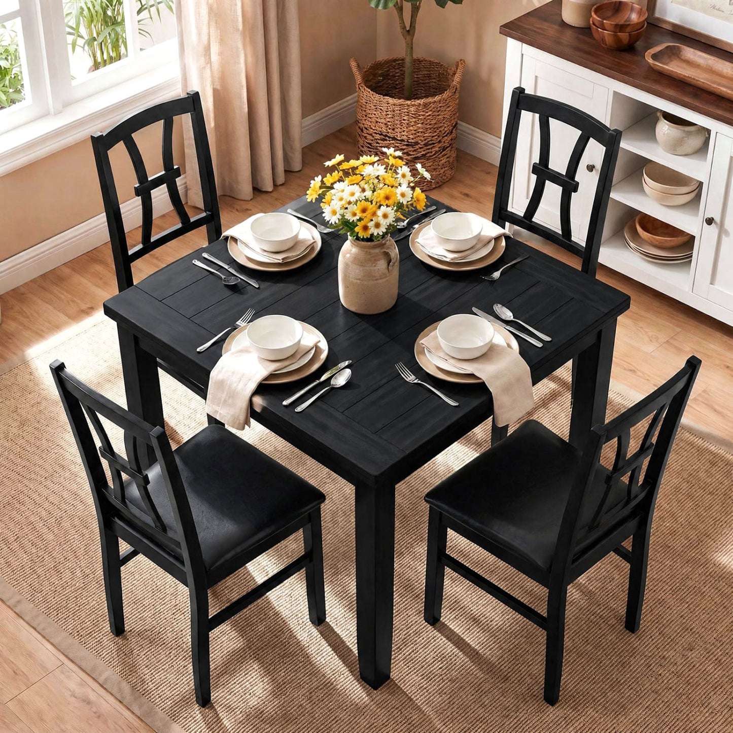 Set of 4 Wooden Dining Chairs with Faux Leather Padded Seat for Kitchen-Black
