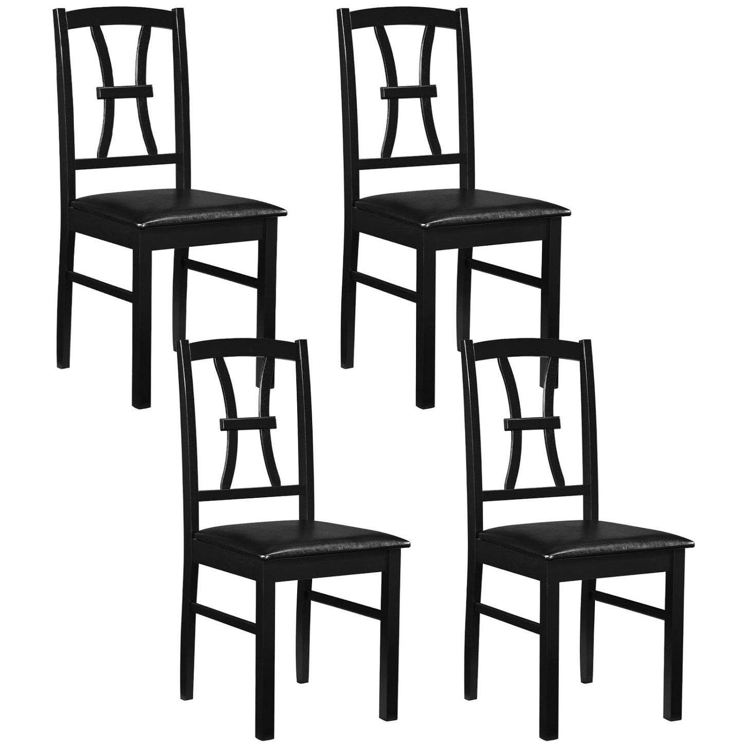 Set of 4 Wooden Dining Chairs with Faux Leather Padded Seat for Kitchen-Black