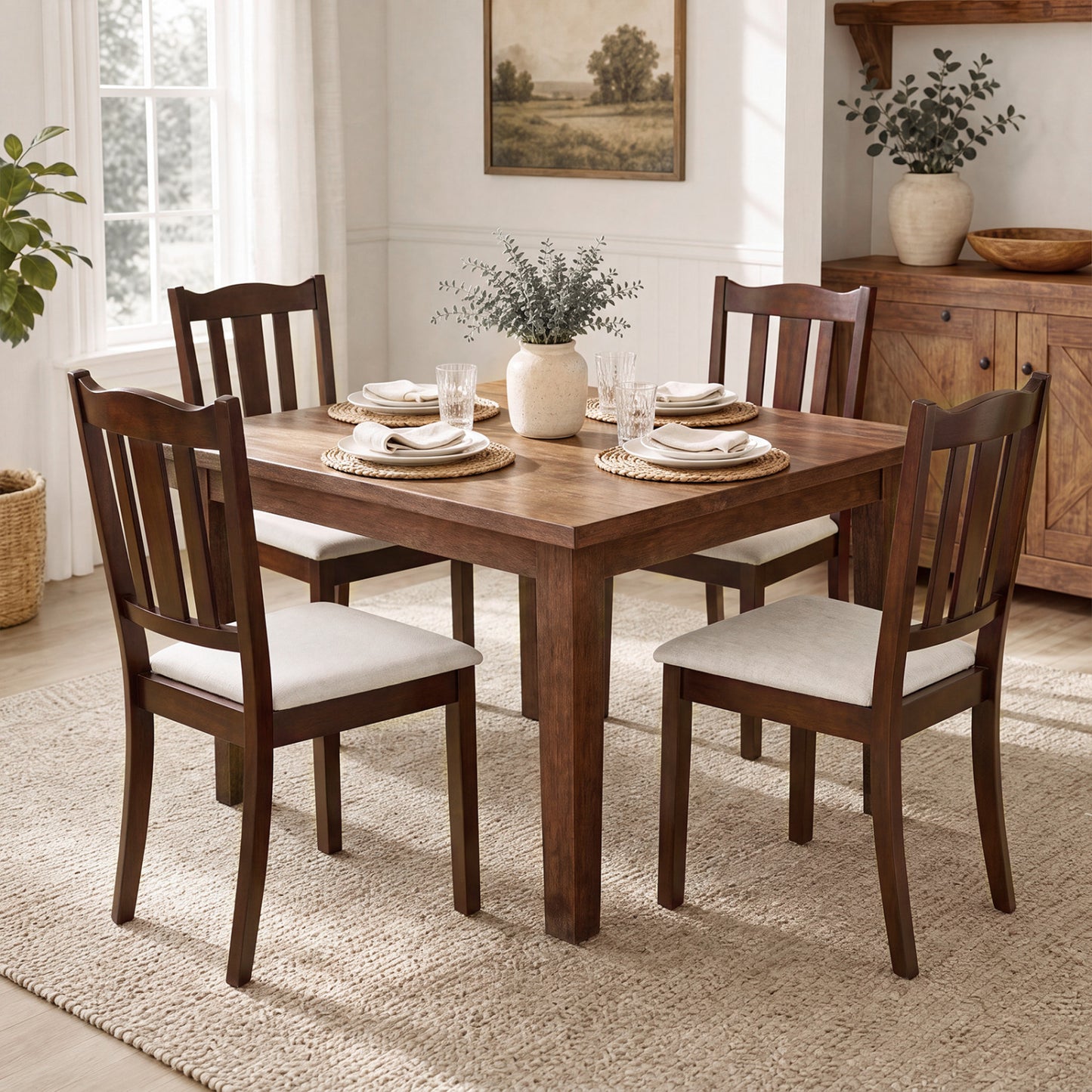 Set of 4 Wooden Dining Chair with Hollow Back and Soft-padded Cushion-Black