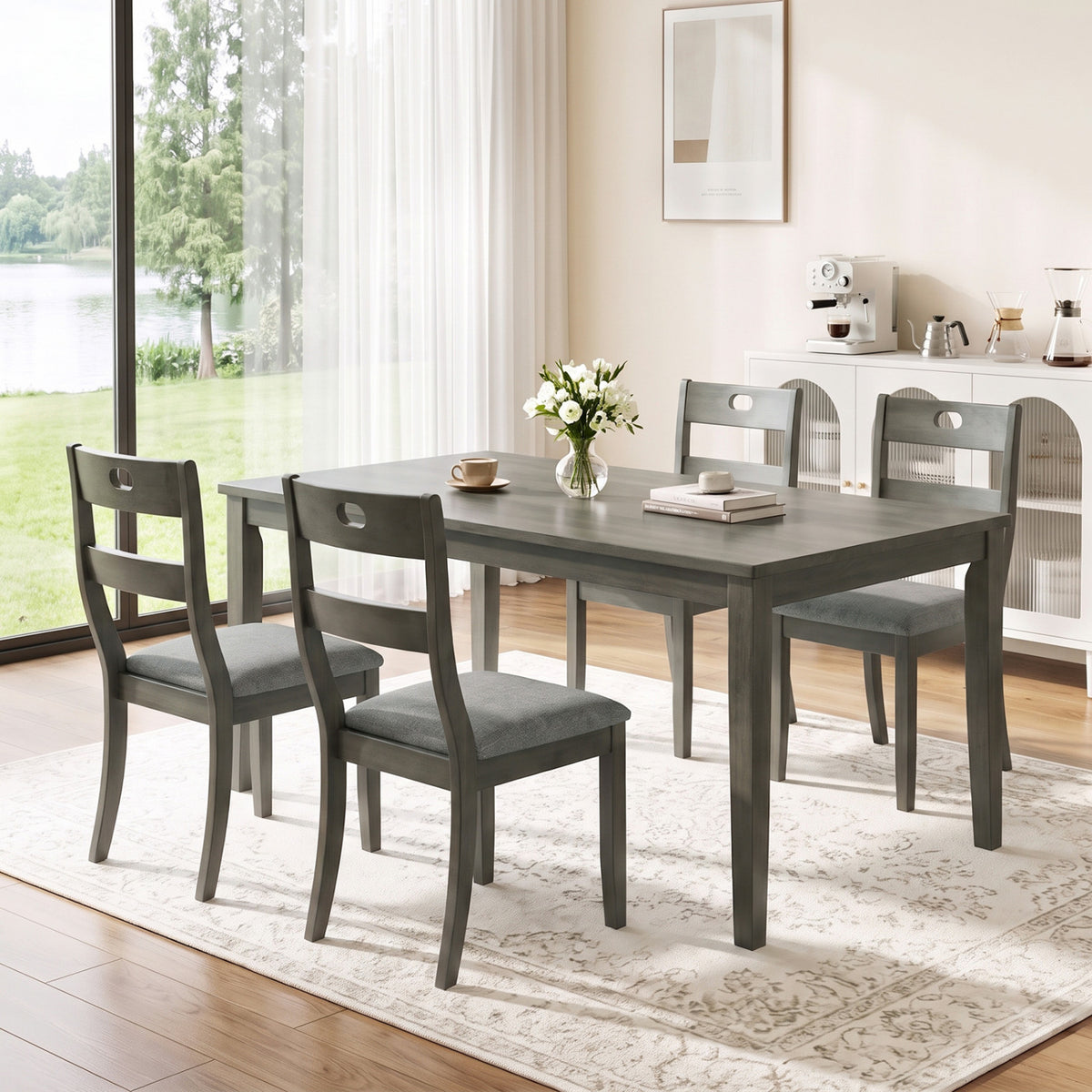 Set of 4 Wooden Dining Chairs with Padded Seats and Rubber Wood Frame-Gray
