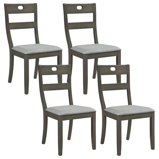 Set of 4 gray wooden dining chairs with padded seats and rubber wood frames, ideal for kitchen and dining room furniture.