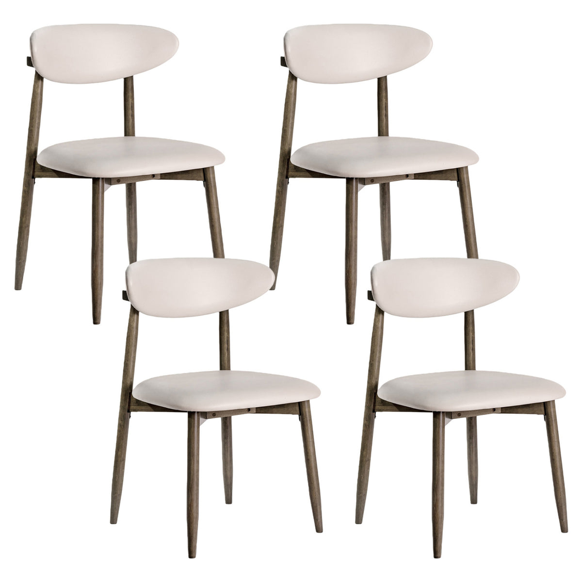 Set of 4 beige wooden modern upholstered dining chairs with curved backrests, ideal for kitchen and dining room furniture.