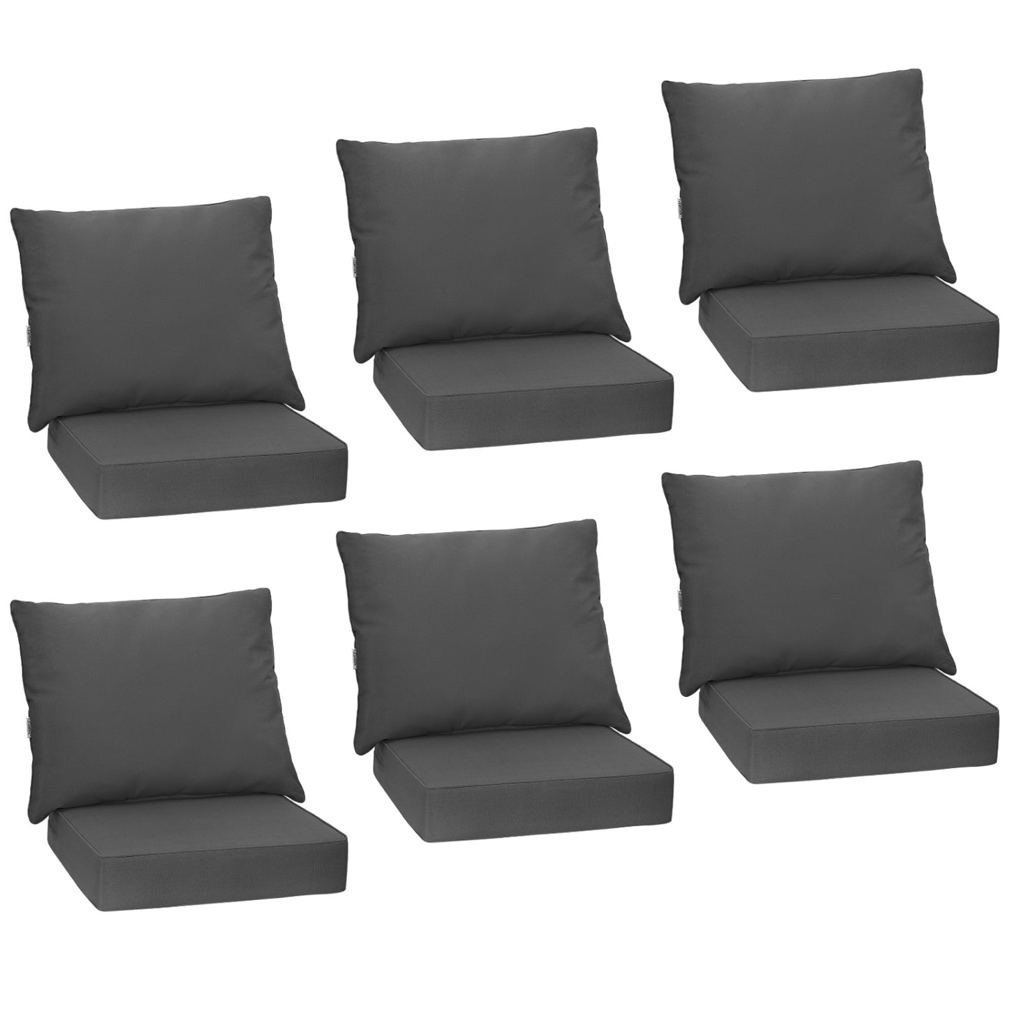 Set of 6 gray deep seat chair cushion pads with rope belts for indoor and outdoor patio furniture, by Wilsons Home Store.