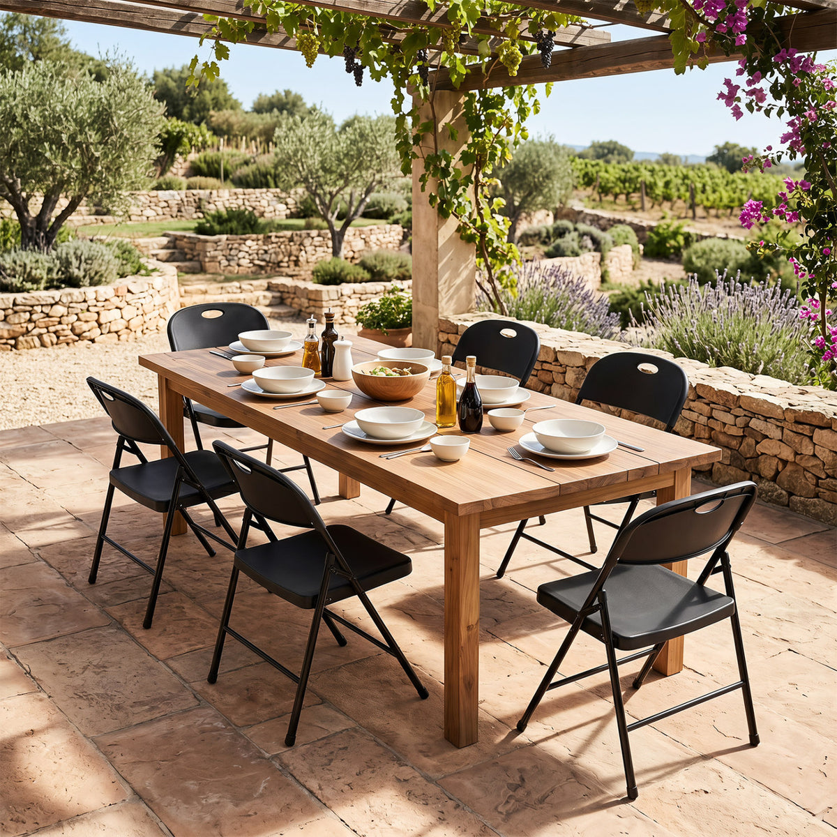 Set of 6 black foldable plastic dining chairs with ergonomic backrests, ideal for kitchen and dining rooms.