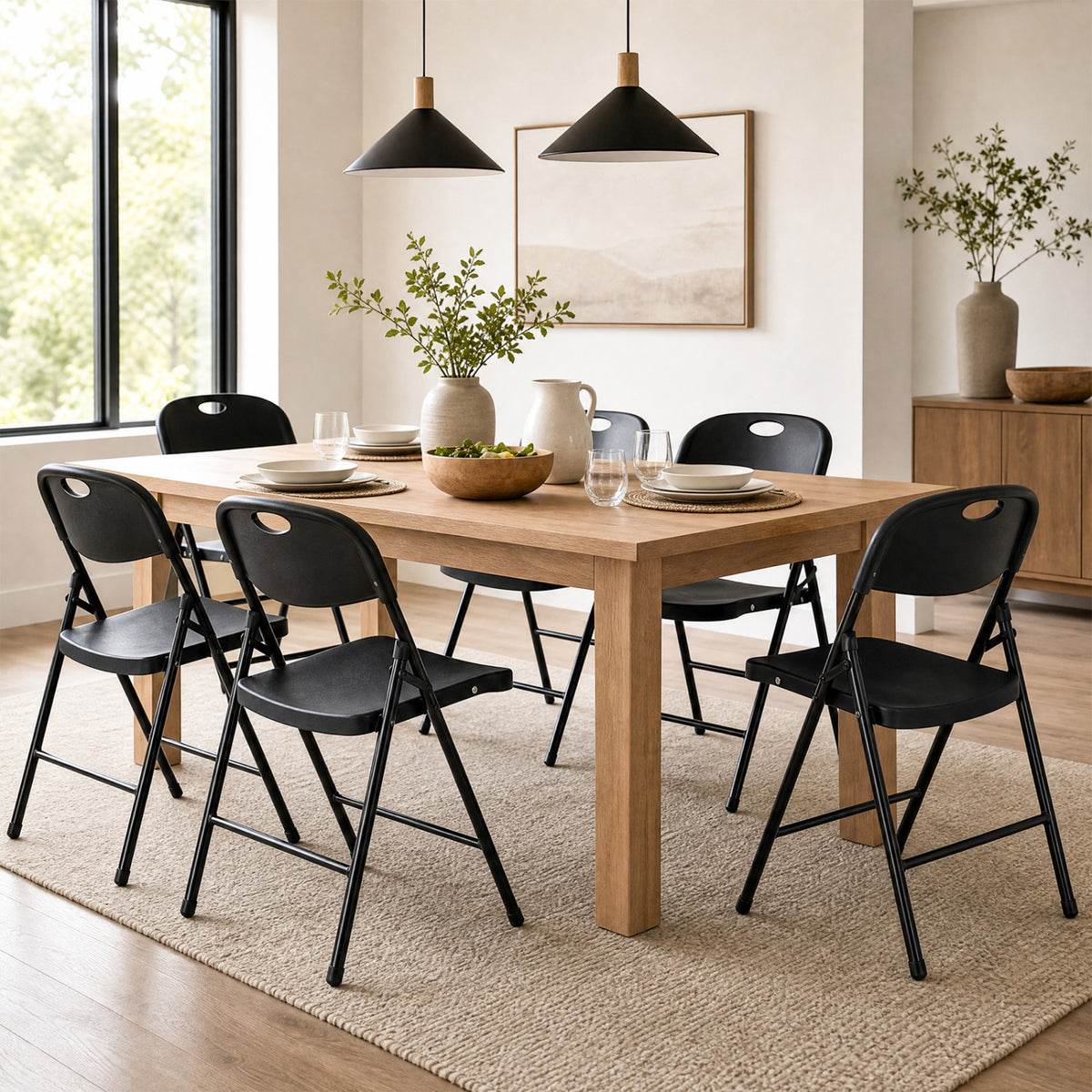 Set of 6 black foldable plastic dining chairs with ergonomic backrests from Wilsons Home Store, ideal for versatile kitchen and dining use.