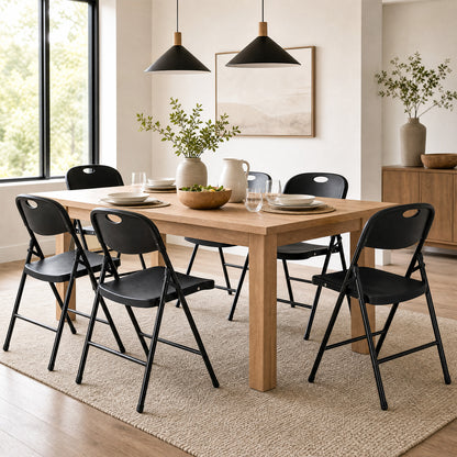 Set of 6 black foldable plastic dining chairs with ergonomic backrests from Wilsons Home Store, ideal for versatile kitchen and dining use.