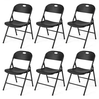Set of 6 black foldable plastic dining chairs with ergonomic backrests by Wilsons Home Store, perfect for kitchen and dining areas.