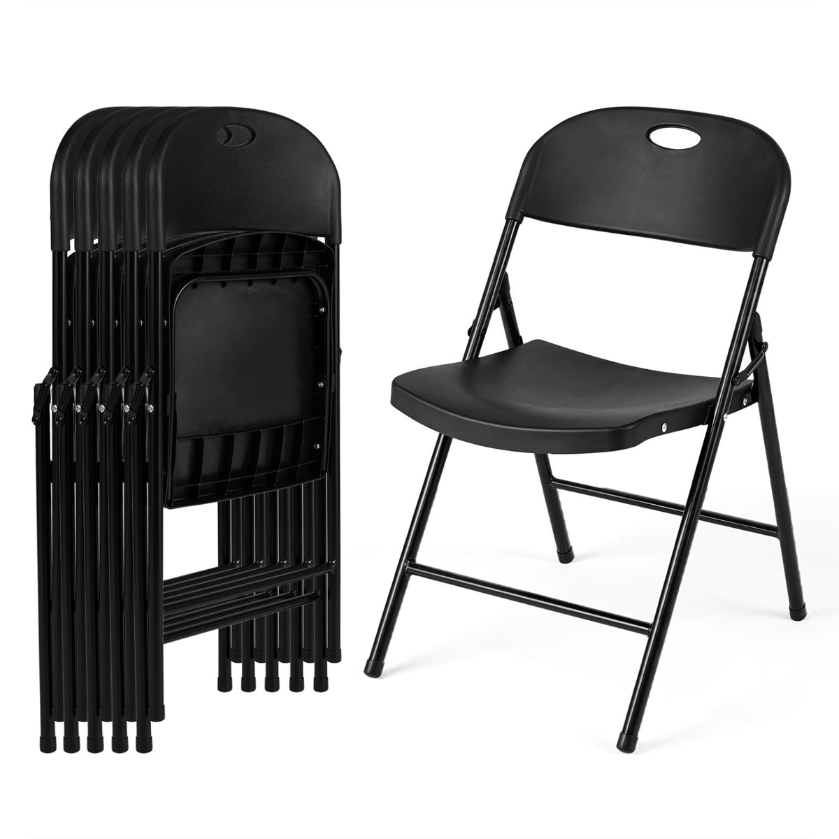 Set of 6 black foldable plastic dining chairs with ergonomic backrests, designed for versatile kitchen and dining room seating.