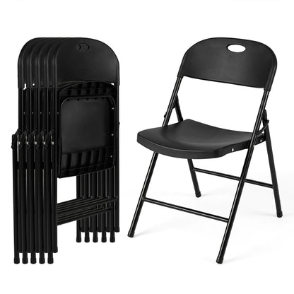 Set of 6 black foldable plastic dining chairs with ergonomic backrests, designed for versatile kitchen and dining room seating.