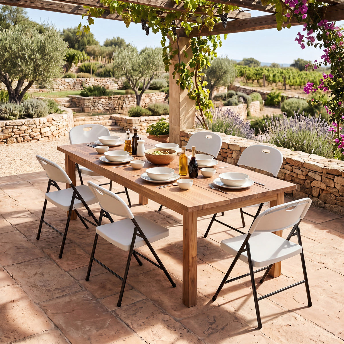Set of 6 black foldable plastic dining chairs with ergonomic backrests, designed for versatile kitchen and dining room seating.