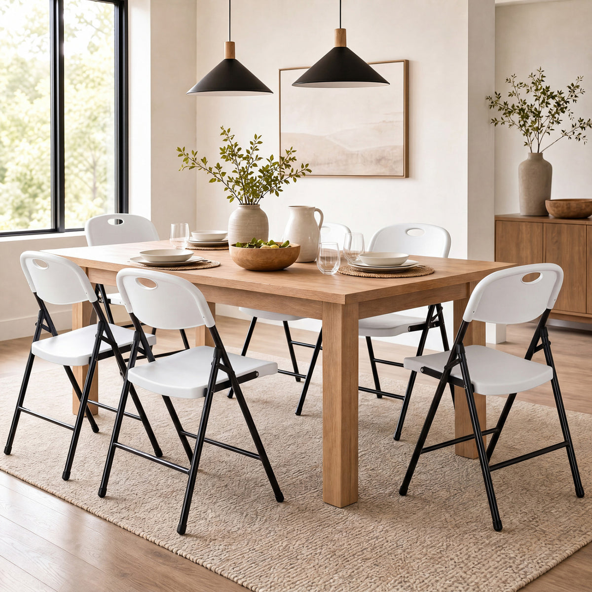 Set of six black foldable plastic dining chairs with ergonomic backrests, designed for versatile kitchen and dining use.