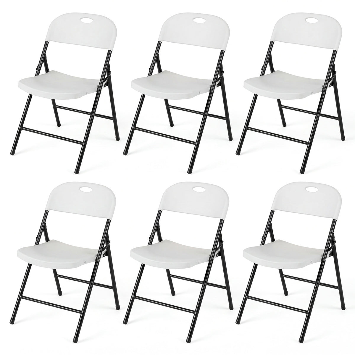 Set of 6 black foldable plastic dining chairs with ergonomic backrests, perfect for kitchen and dining rooms.