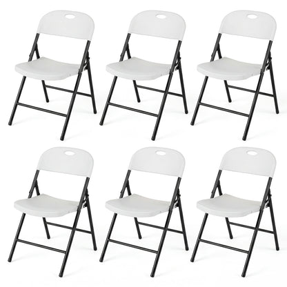 Set of 6 black foldable plastic dining chairs with ergonomic backrests, perfect for kitchen and dining rooms.