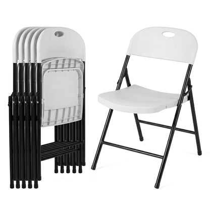Set of 6 black foldable plastic dining chairs with ergonomic backrests, designed for versatile kitchen and dining room use.