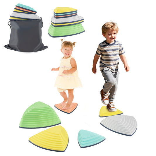 Set of six non-slip stepping stones for kids with storage bag, outdoor balance toy set for active outdoor play.